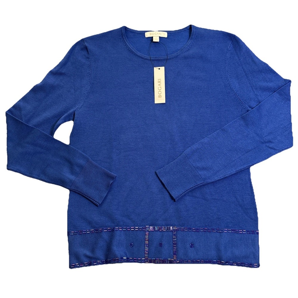 Bogari Womens Rayon Blend Sweater NWT Royal Blue Beaded Trim Size Med Orig $79